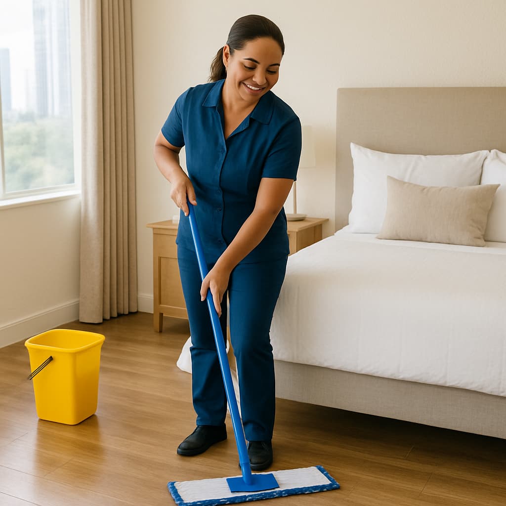 Mujer de Maid limpiando un apartamento modelo en la Ciudad de Panamá