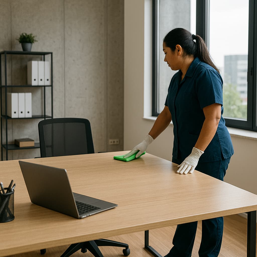 Mujer de Maid aspirando el suelo de una oficina en la Ciudad de Panamá