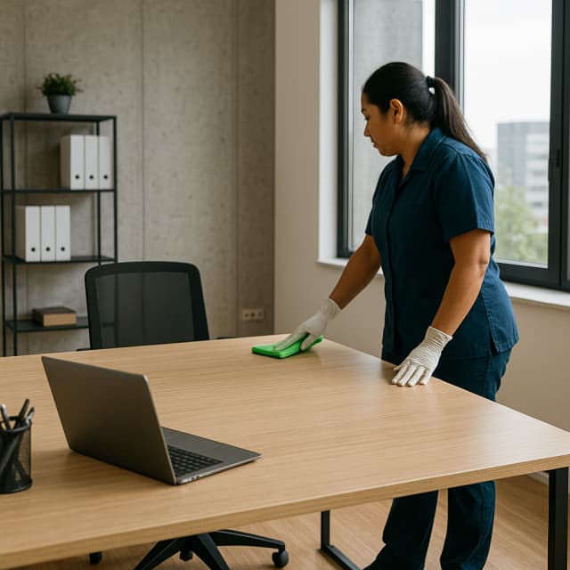 Mujer de Maid aspirando el suelo de una oficina en la Ciudad de Panamá
