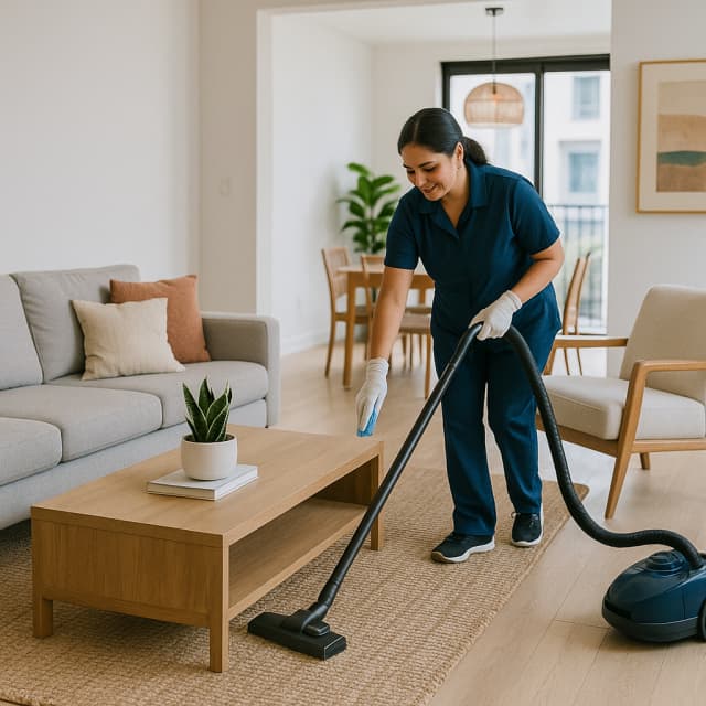 Mujer de Maid aspirando el piso de una sala y limpiando una mesa de madera en la Ciudad de Panamá