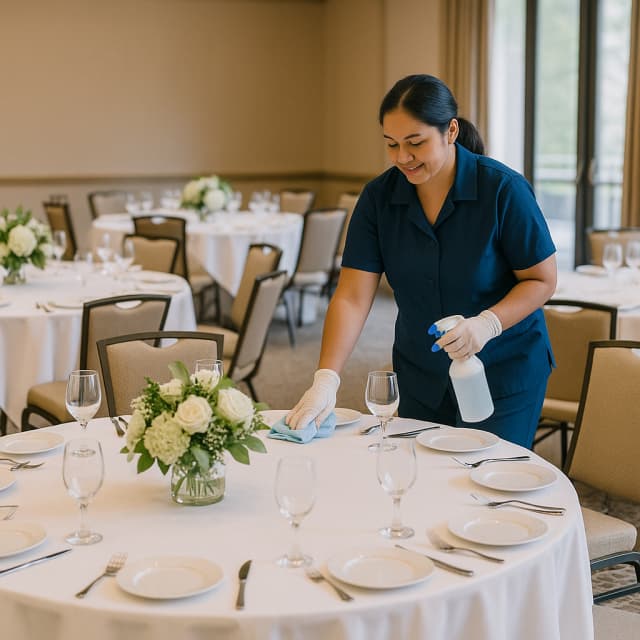 Mujer de Maid organizando una mesa de eventos en la Ciudad de Panamá