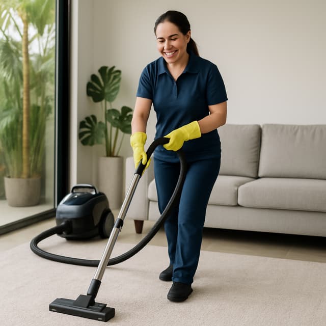 Mujer de Maid aspirando una alfombra en un apartamento en la Ciudad de Panamá