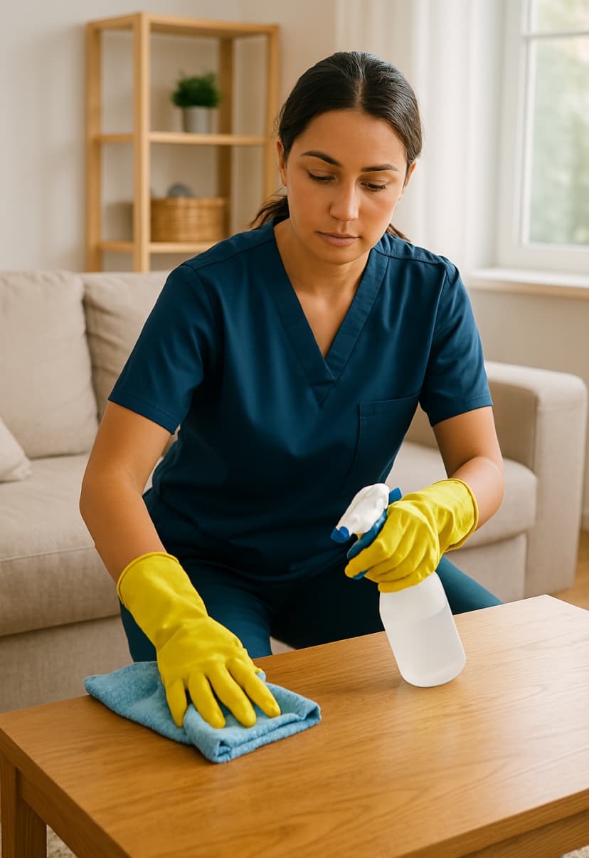 Mujer limpiando una mesa de madera.